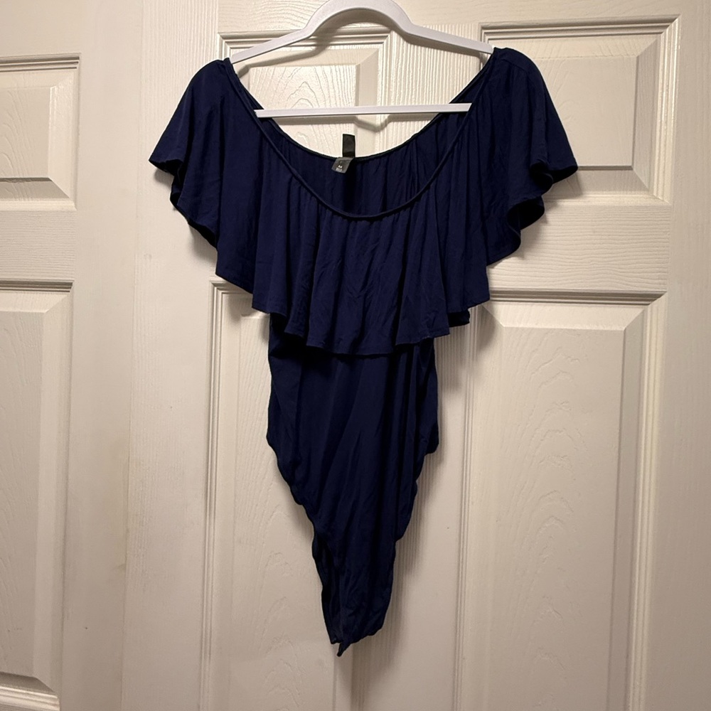 Navy Blue Off-Shoulder Ruffle Bodysuit - Picture 3 of 3
